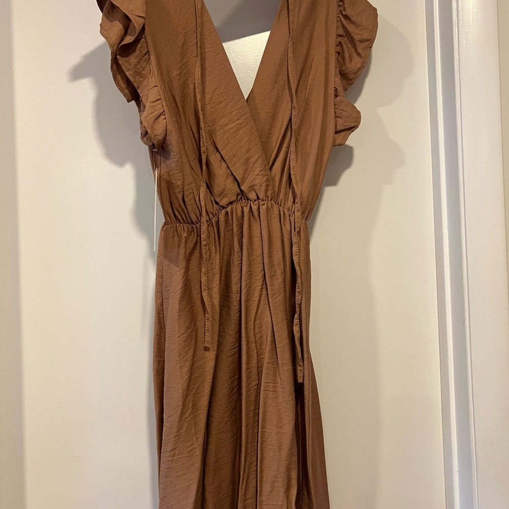 Brown Ruffled Wrap Sundress with Tie Front